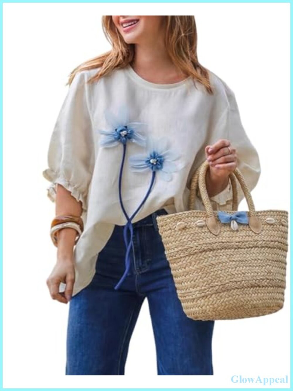 Women Floral 3D Applique Puff Sleeve Cotton Blouse Summer Casual